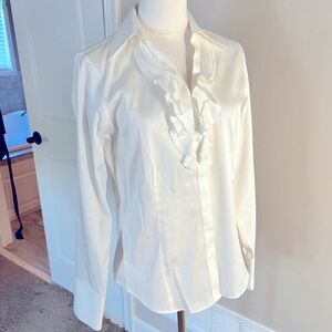 Women’s white button down suit shirt with ruffled neck. Brooksbrother size 6